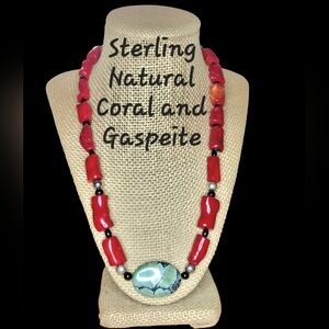 Sterling, Nat Coral, Gaspeite Santa Fe Necklace